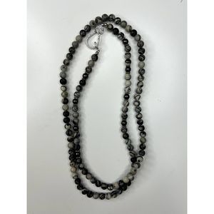 Long Natural Stone Beaded Necklace With Clear Stone Silver Tone Clasp 35"